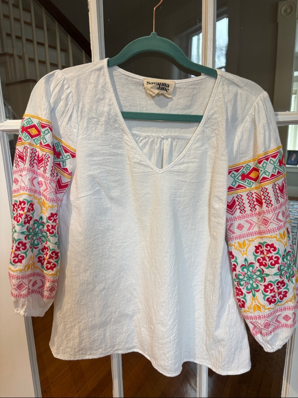 Savanna Jane White Peasant Blouse with Embroidered Sleeves